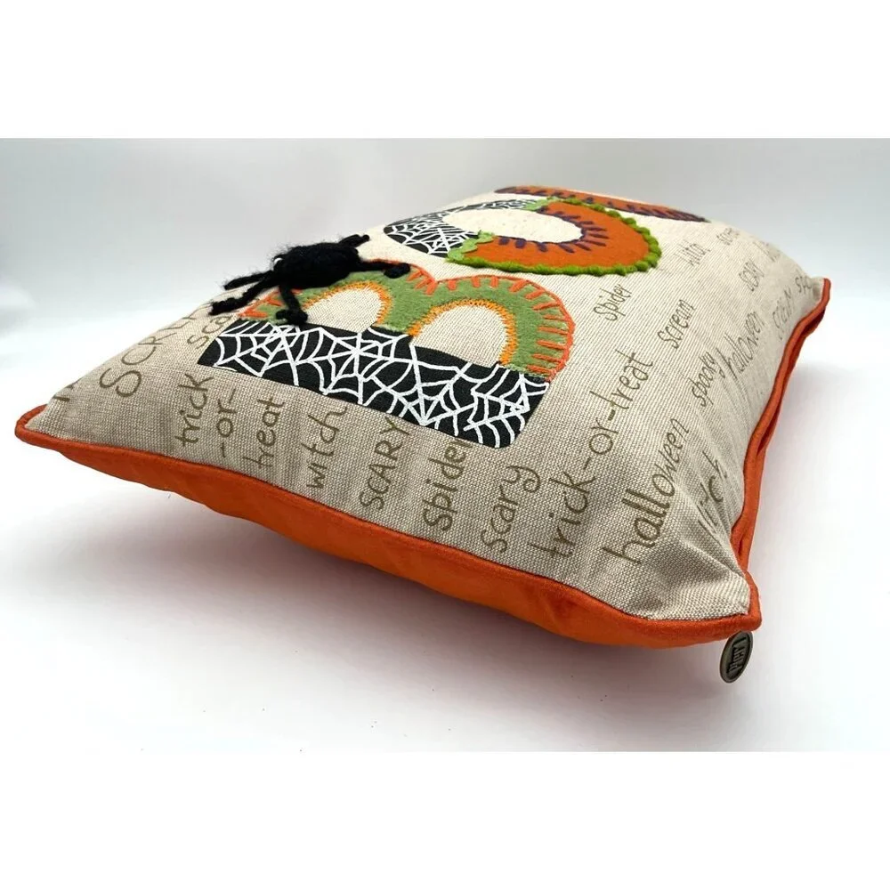 Pier 1 Halloween BOO Applique Embroidered Letters Spider Webs Word Art Pillow